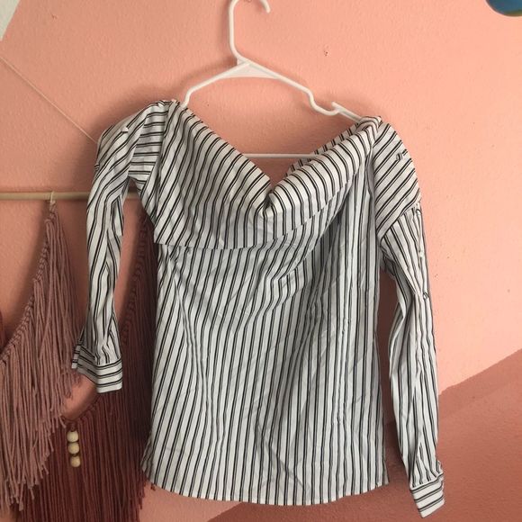 Bar III Tops - Bar 3 Off the Shoulder Fold Over Striped Blouse